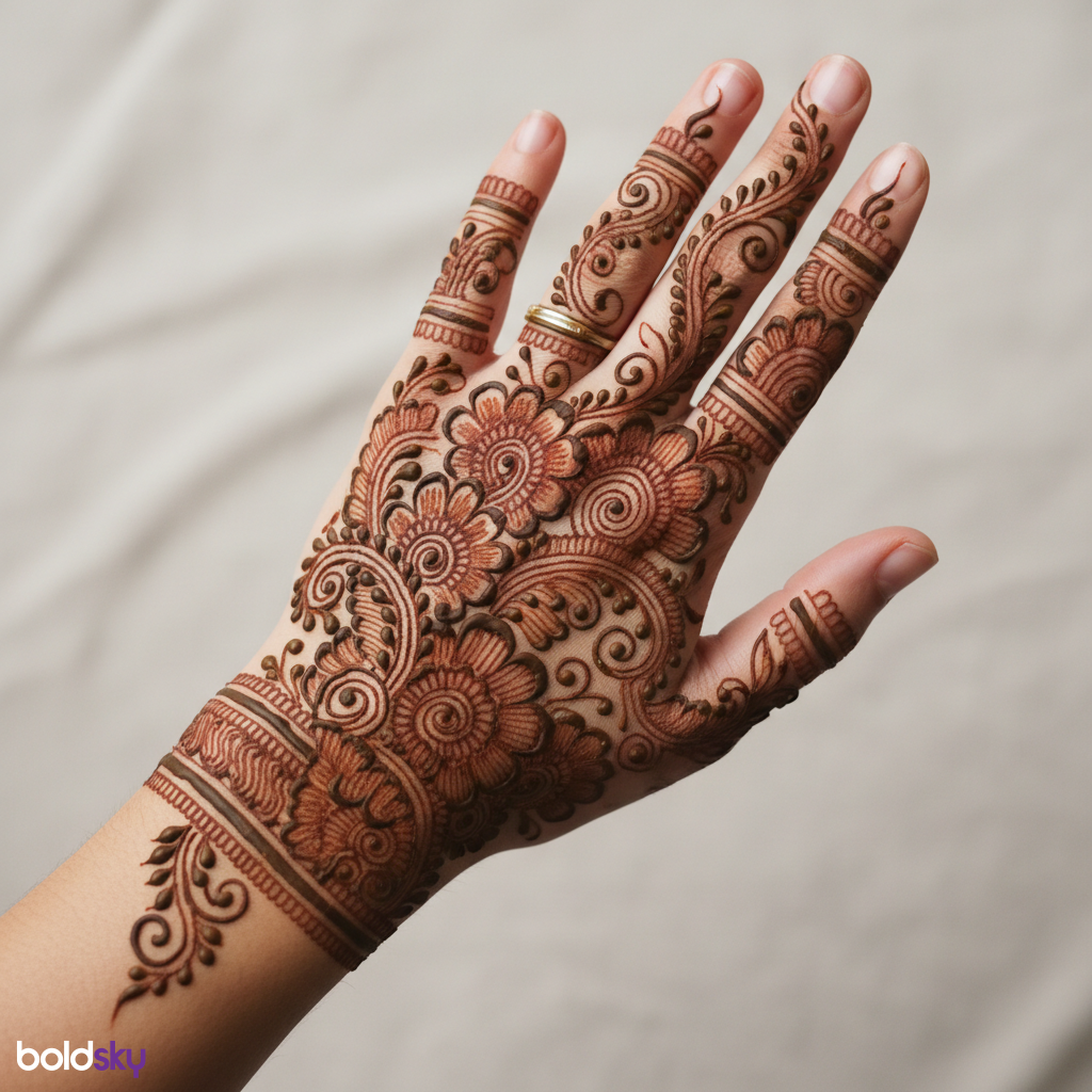 Back of left hand floral vine mehndi