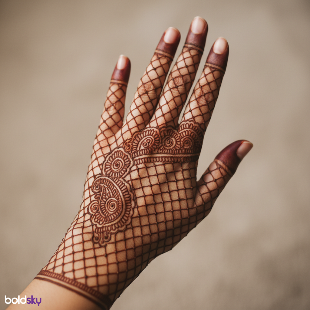 Left back hand paisley net mehndi