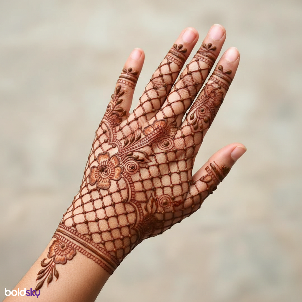 Left back hand intricate jaali floral mehndi