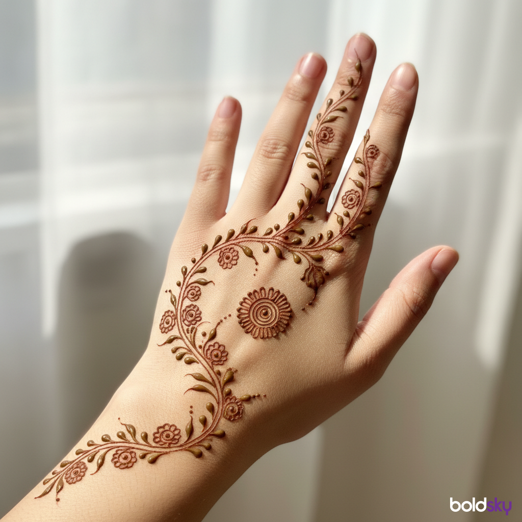 Left back hand delicate vine full mehndi