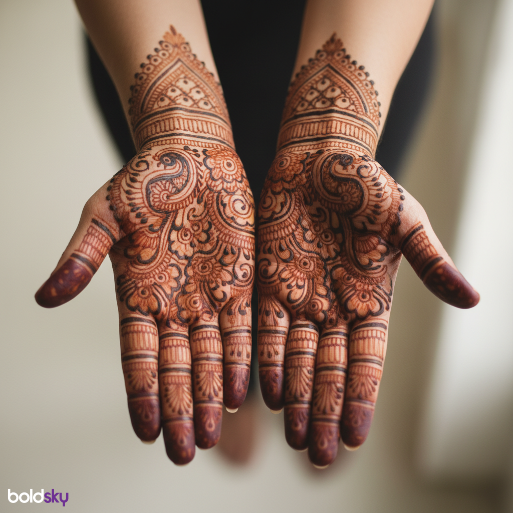 Close-up of both palms with symmetrical bridal mehndi.