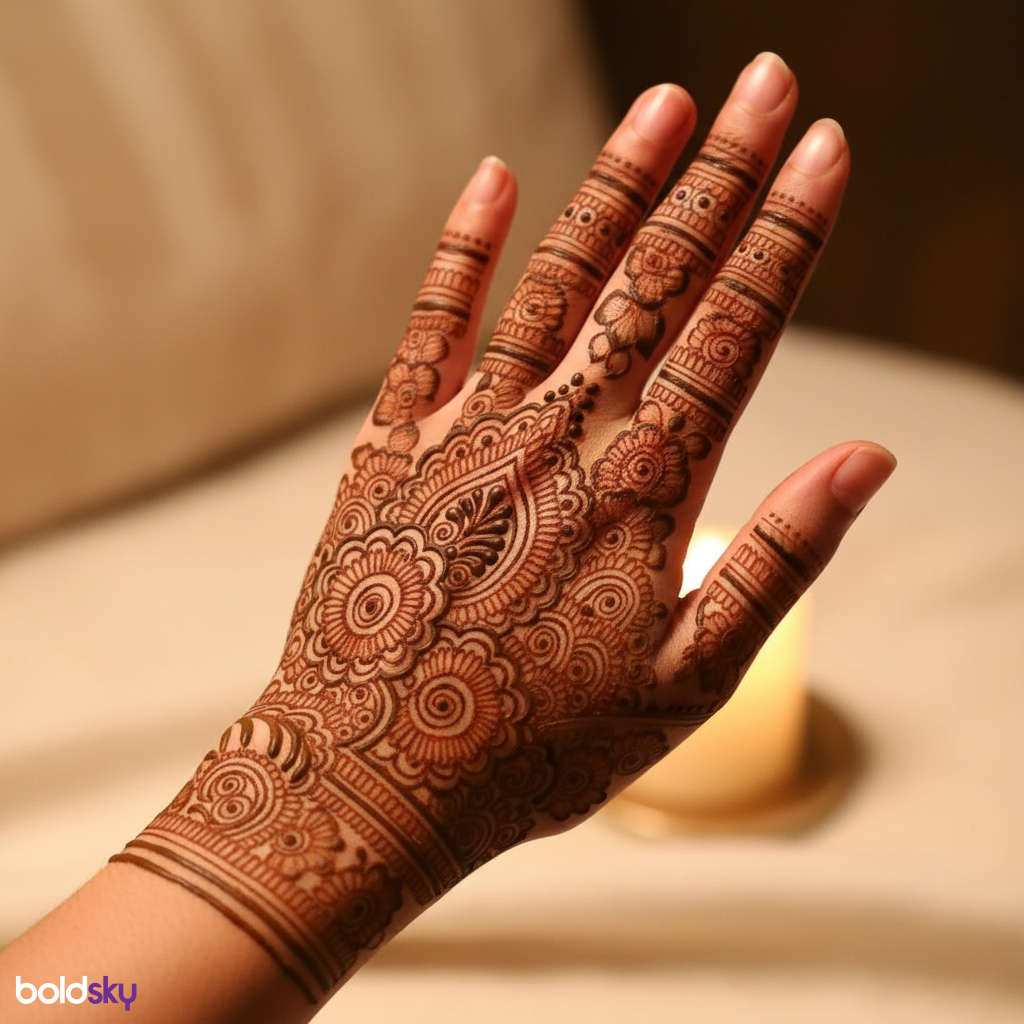 Back of left hand elegant floral mehndi.