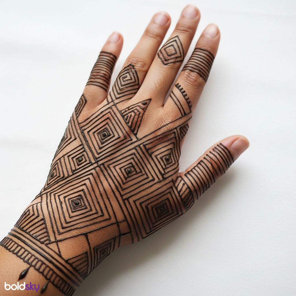 Left back hand modern geometric mehndi.