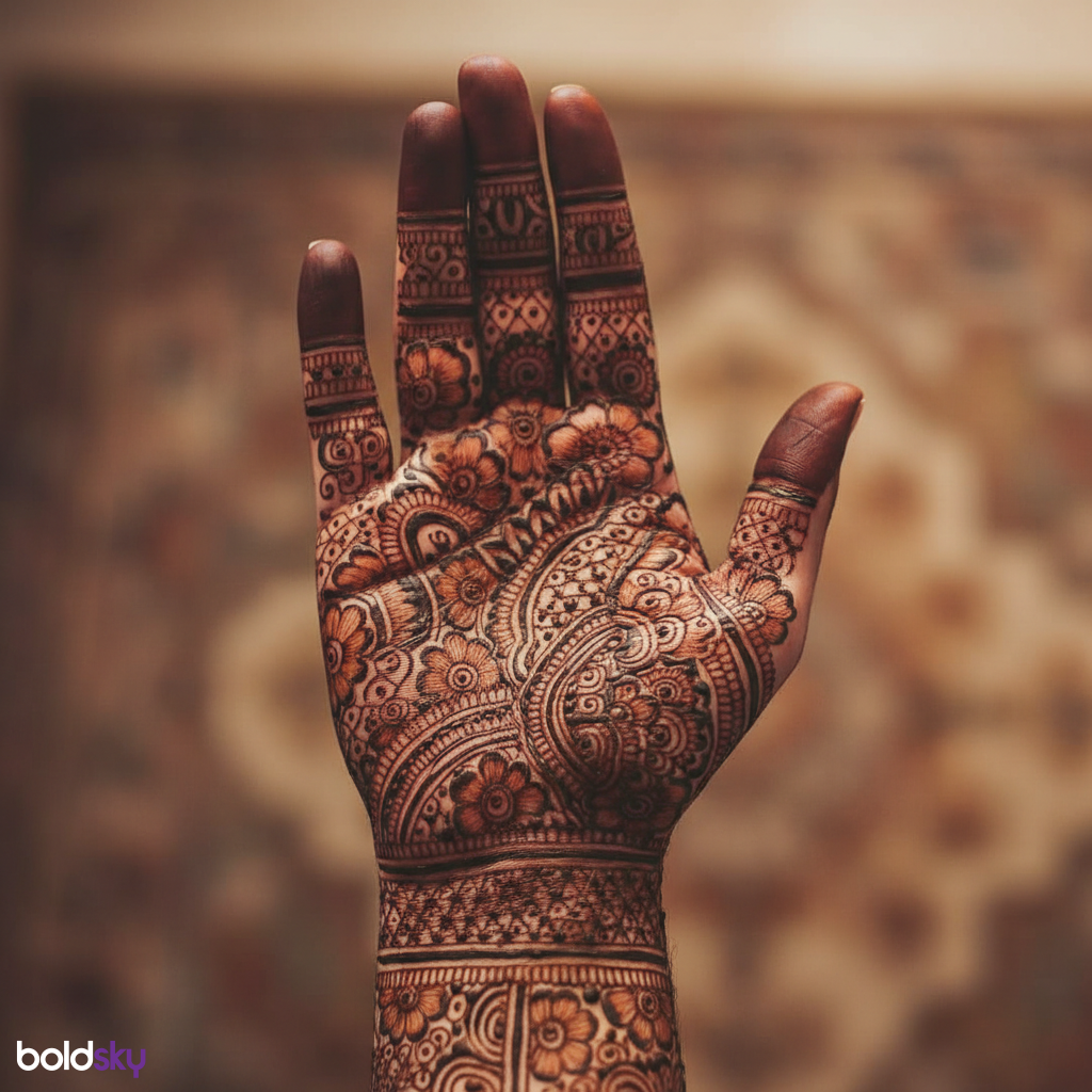 Right palm traditional heavy bridal mehndi.