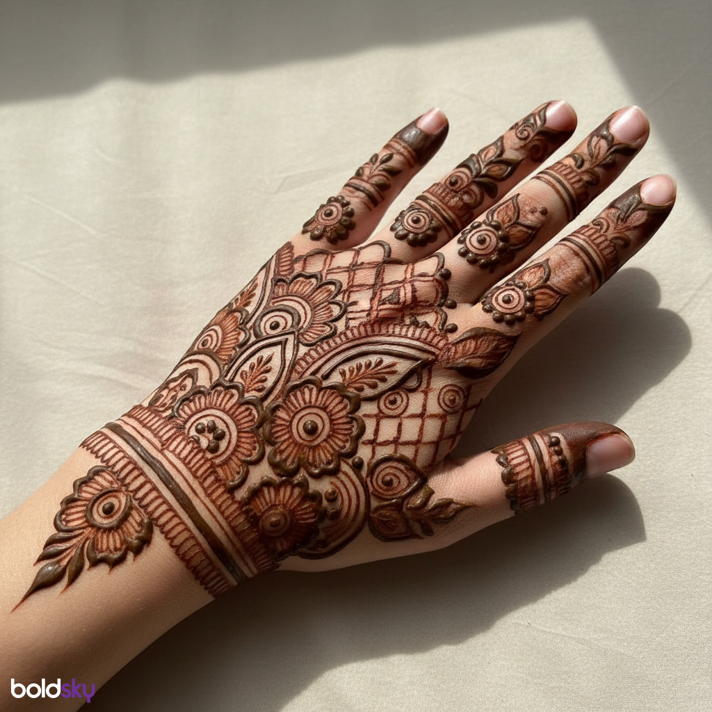 Left back hand bold Arabic floral mehndi.