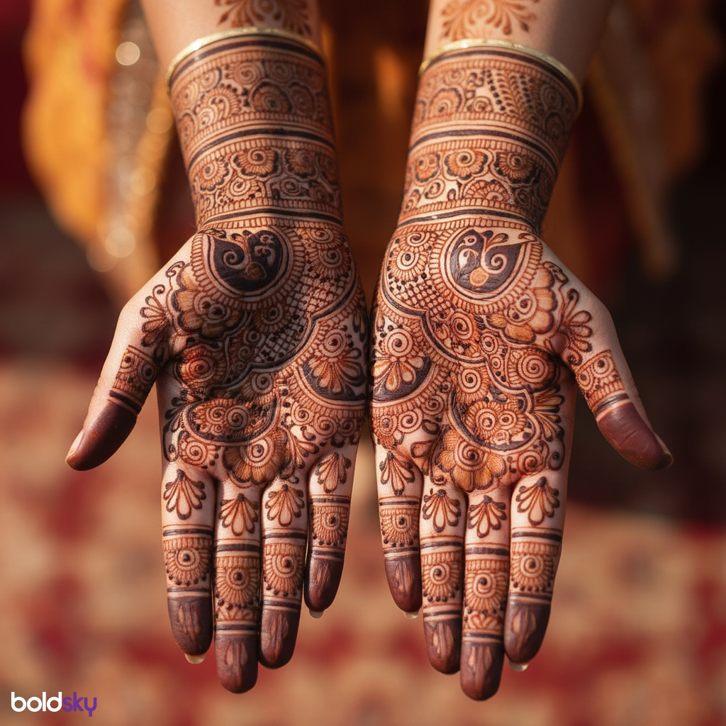 Both palms with intricate traditional bridal mehndi.