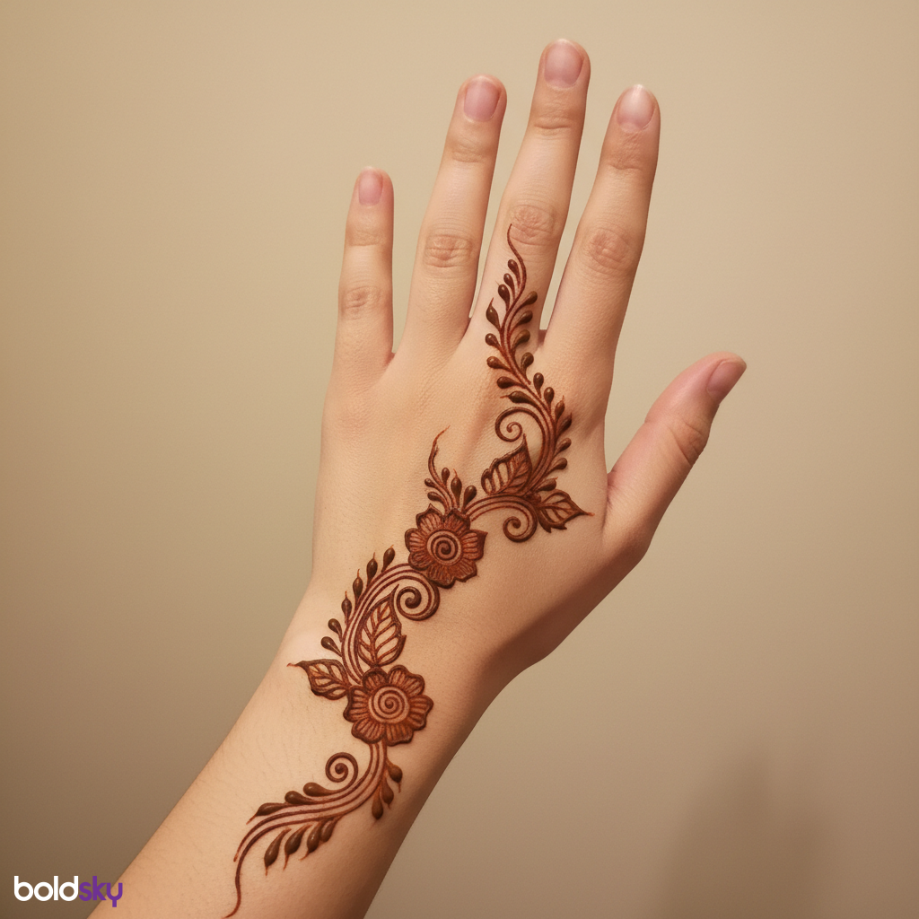 Back of left hand modern floral mehndi.