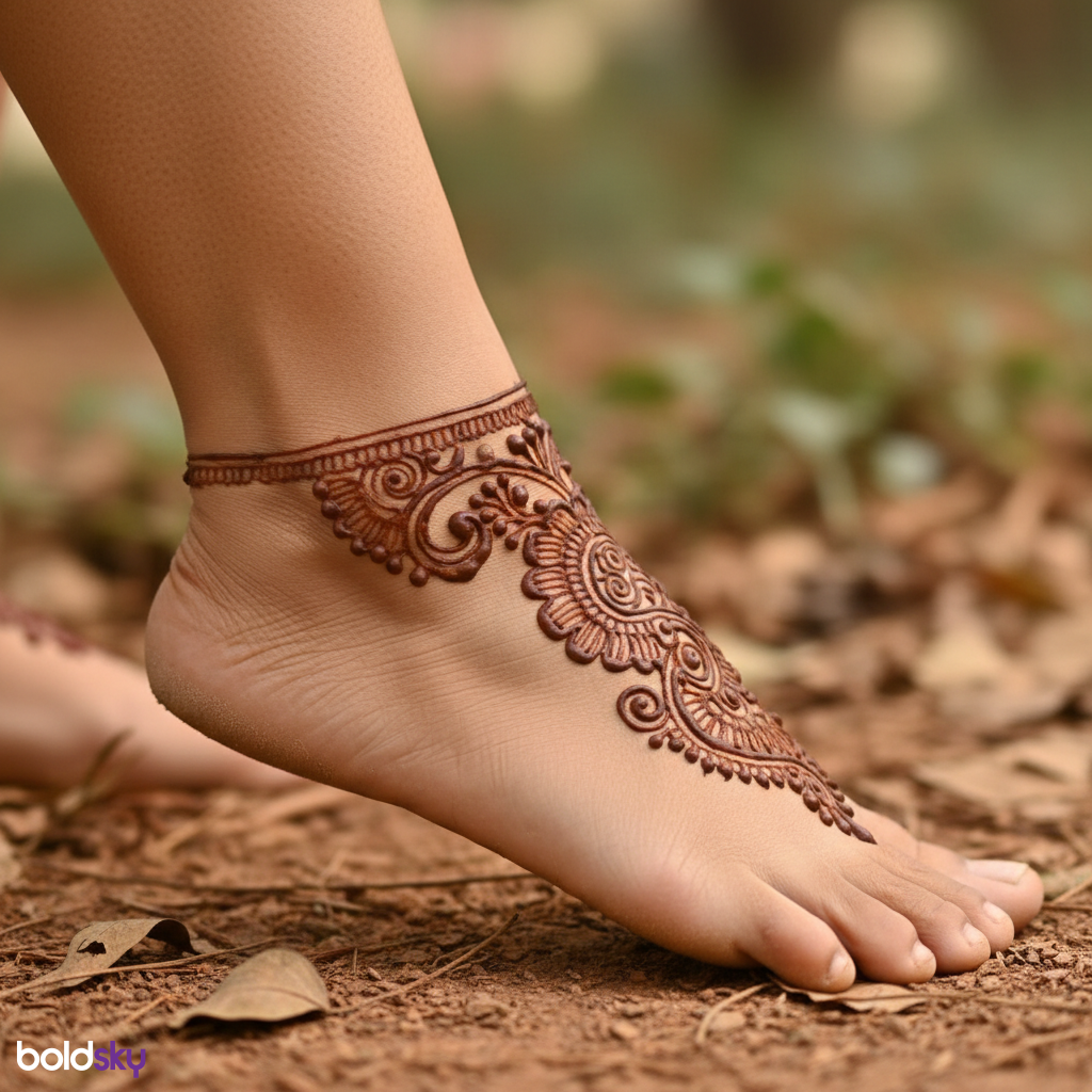 Right foot elegant anklet style mehndi.