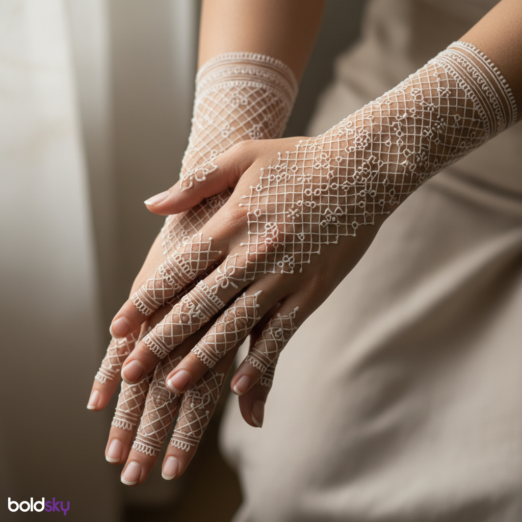 Back of both hands jaali mehndi pattern.