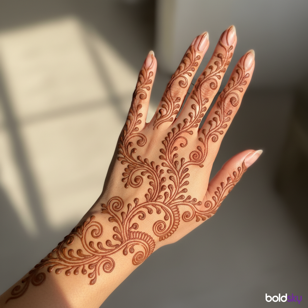 Back of left hand vine leafy mehndi