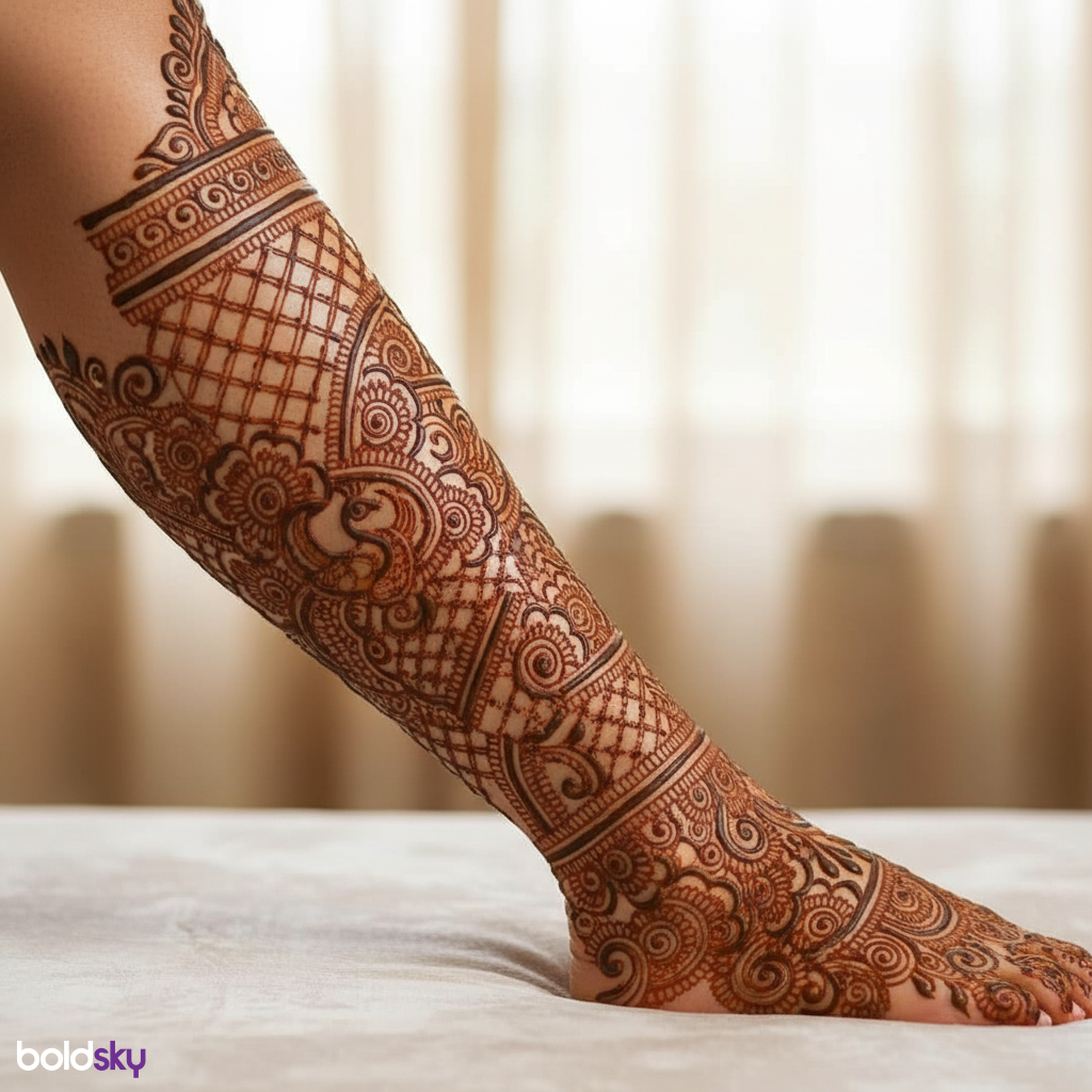 Close-up right lower leg bridal mehndi