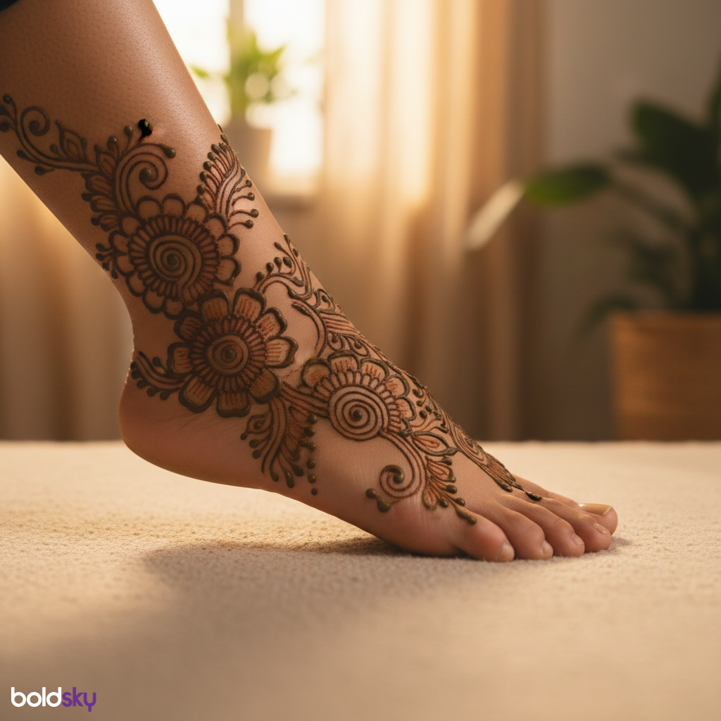 Right foot top floral mehndi close-up