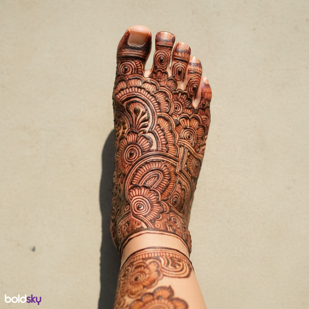 Right foot traditional intricate mehndi pattern