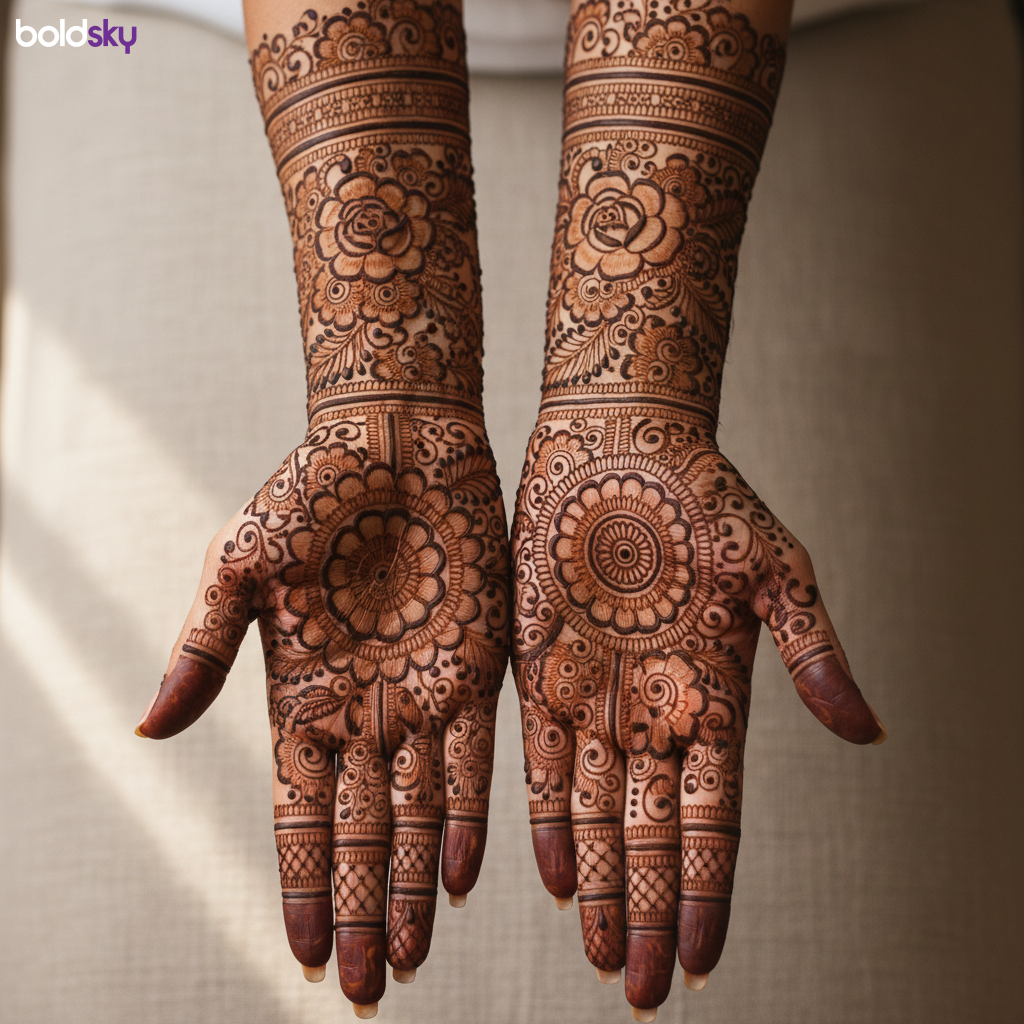 Close-up of both palms with intricate bridal mehndi.