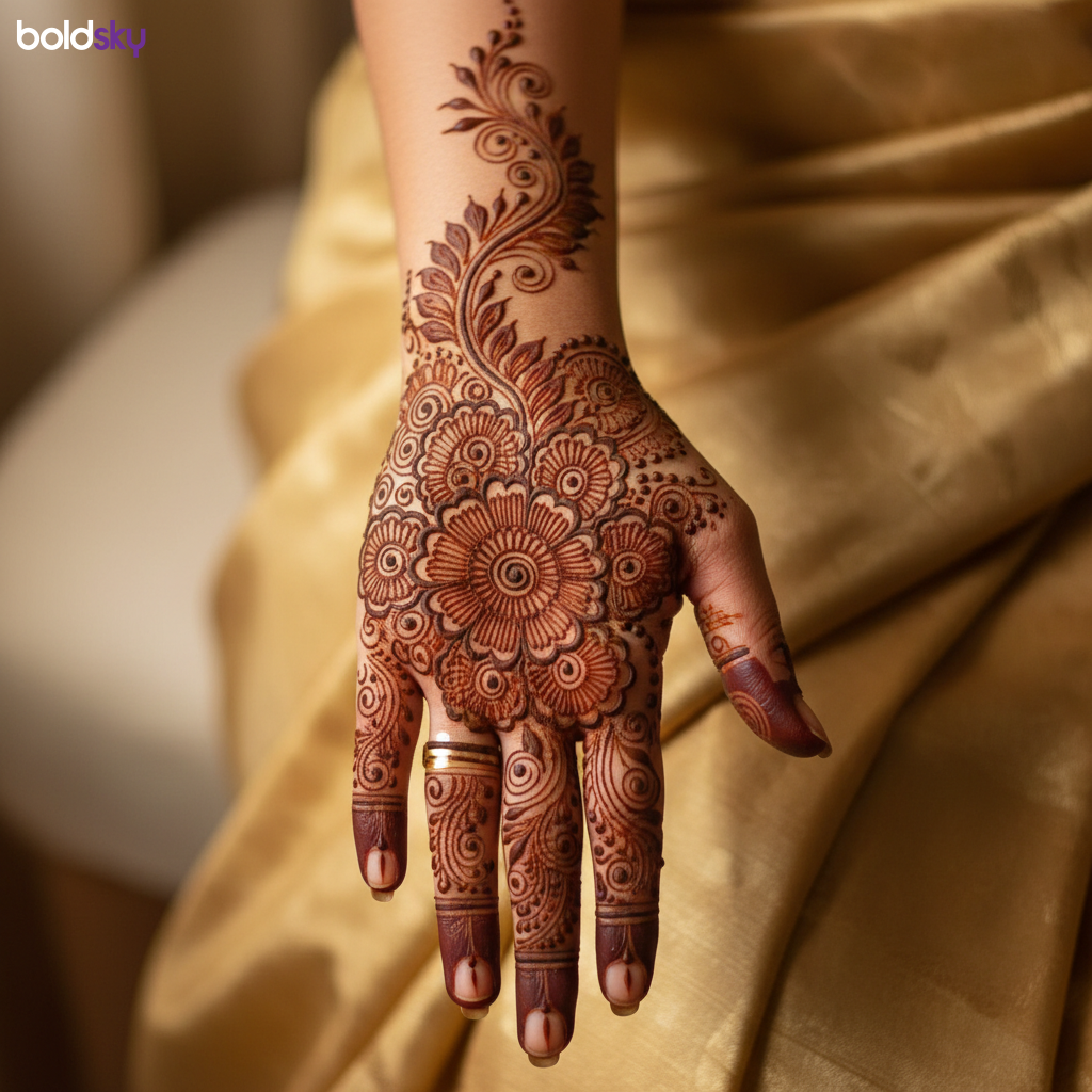 Back of right hand with elaborate floral mehndi.