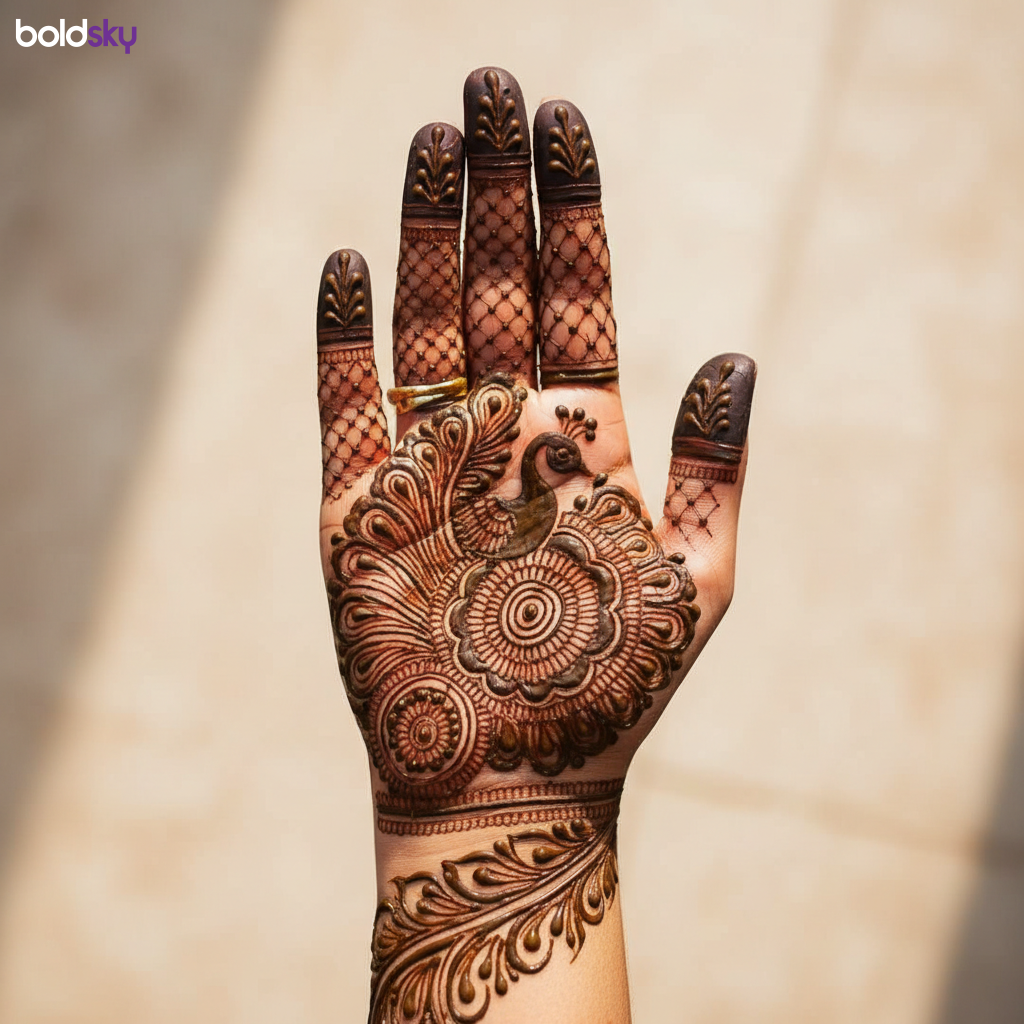 Right palm with peacock and mandala mehndi.