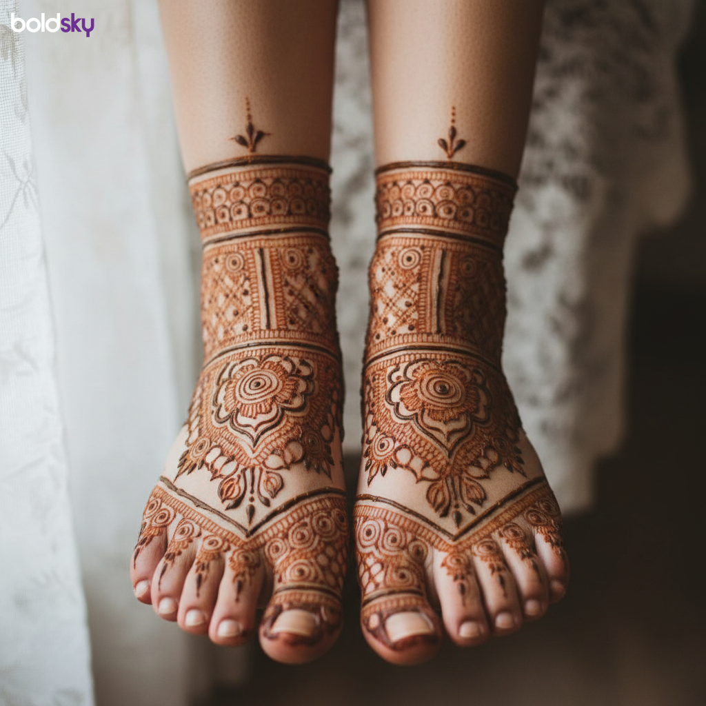 Both feet with symmetrical bridal mehndi.