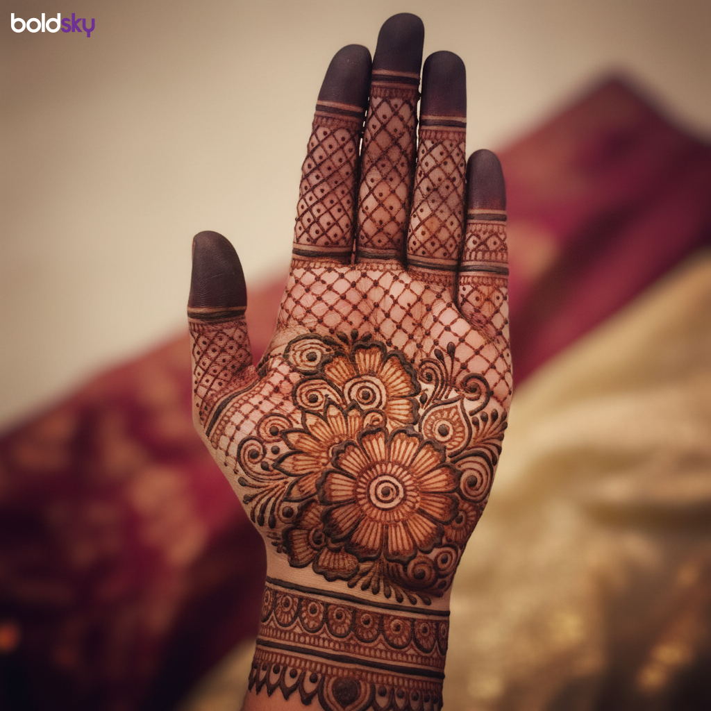 Left palm with traditional jaali floral mehndi.