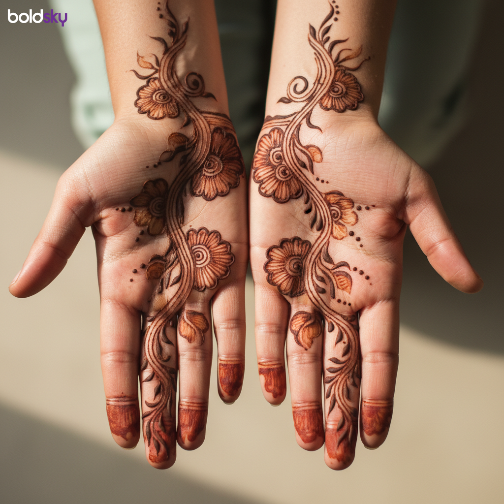Both palms with easy floral vine mehndi.