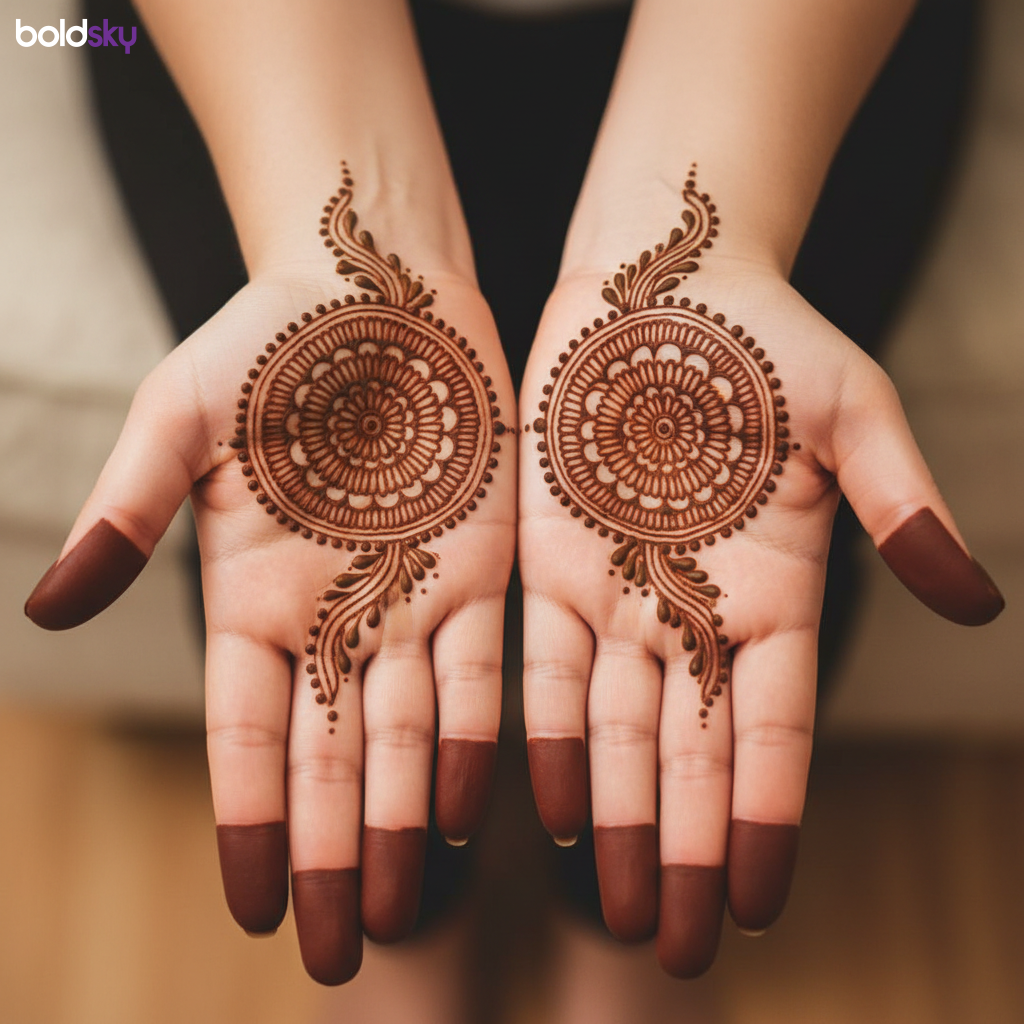 Front of hands with simple mandala mehndi.