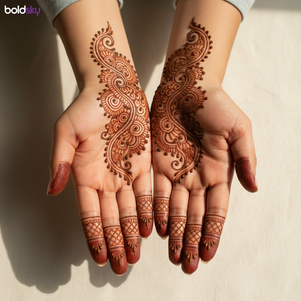 Palms with easy paisley and netting mehndi.