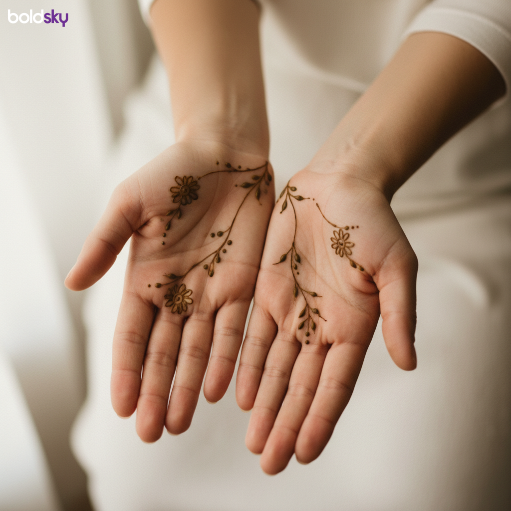 Palms with minimalist floral sprig mehndi.