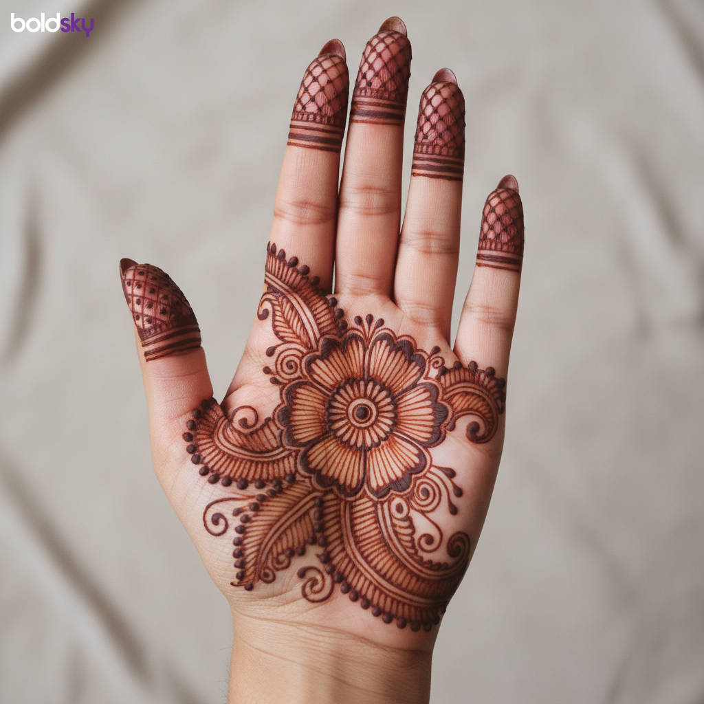 Left palm traditional floral paisley mehndi
