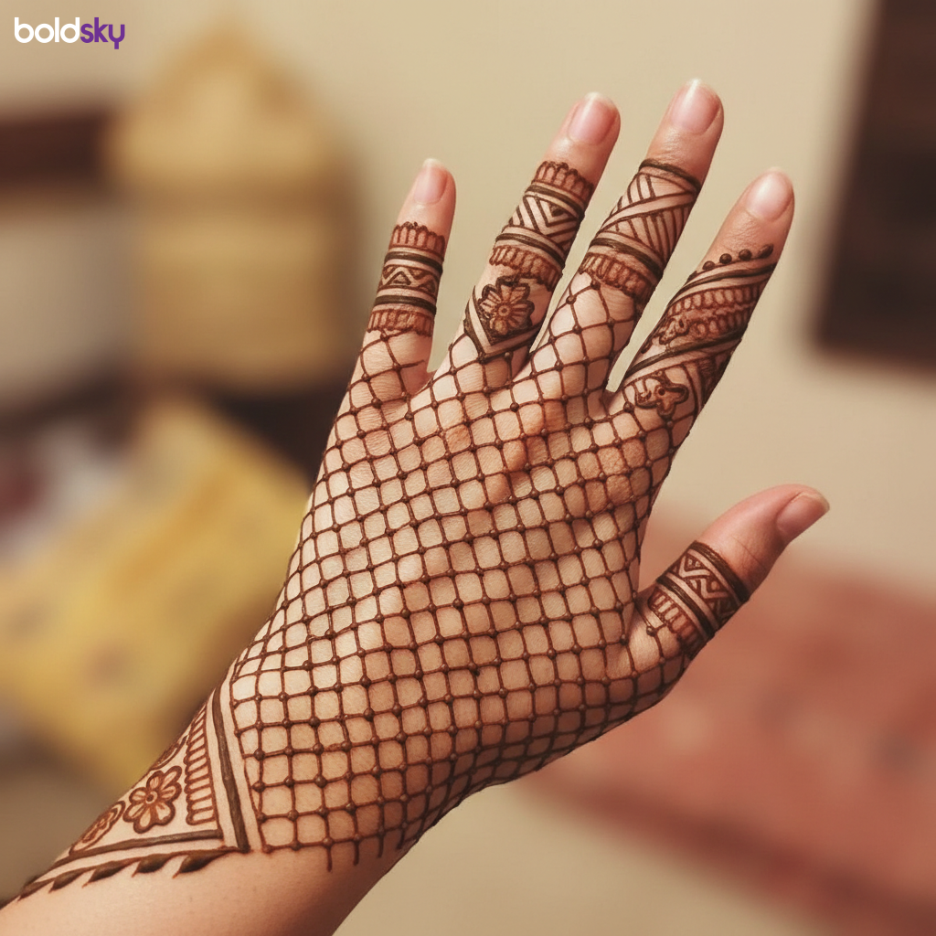 Left back hand geometric jaali mehndi