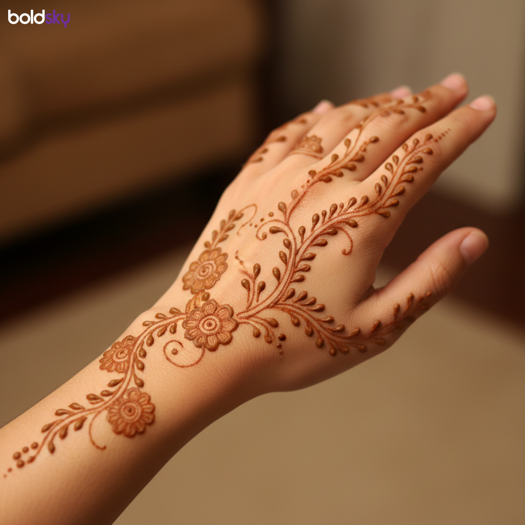 Left back hand delicate vine leafy mehndi
