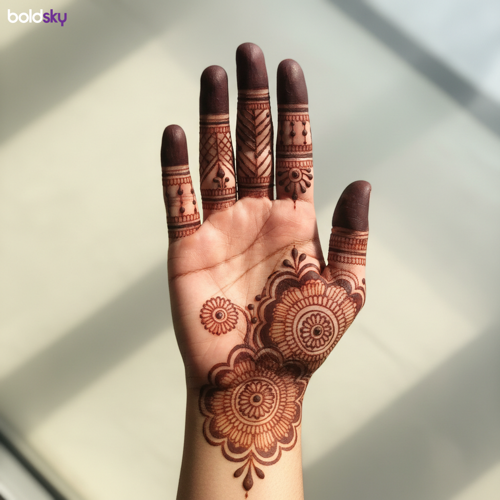 Right palm finger-focused elegant mehndi