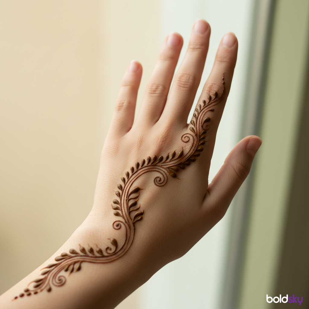 Left back hand vine leafy mehndi