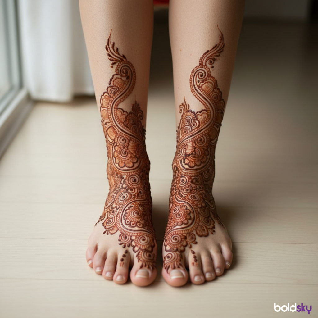 Feet traditional mehndi design close-up