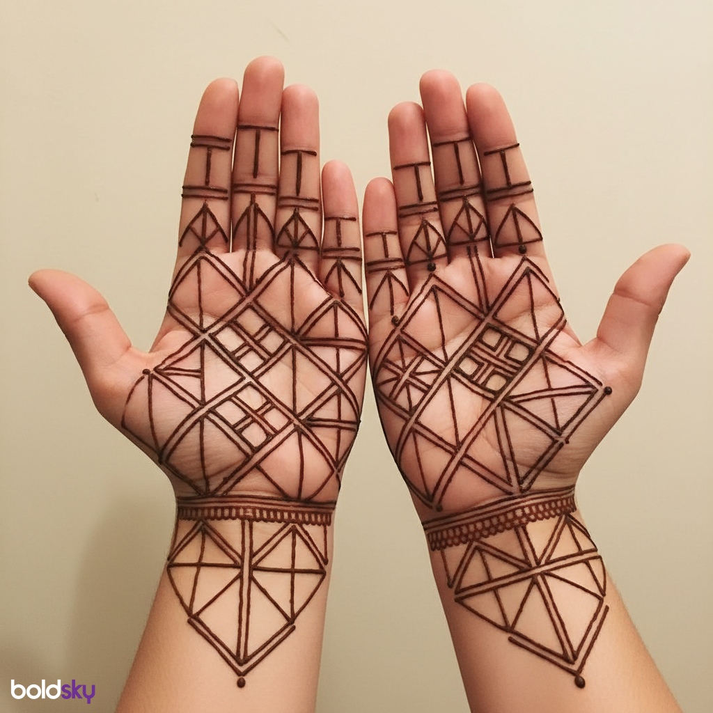 Back hands contemporary geometric jaali mehndi.