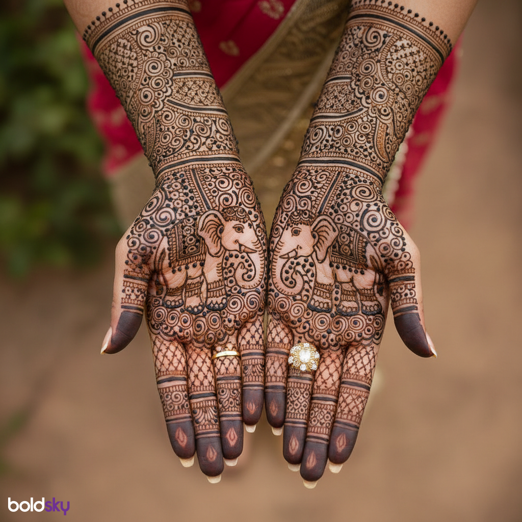 Both palms heavy bridal elephant mehndi.