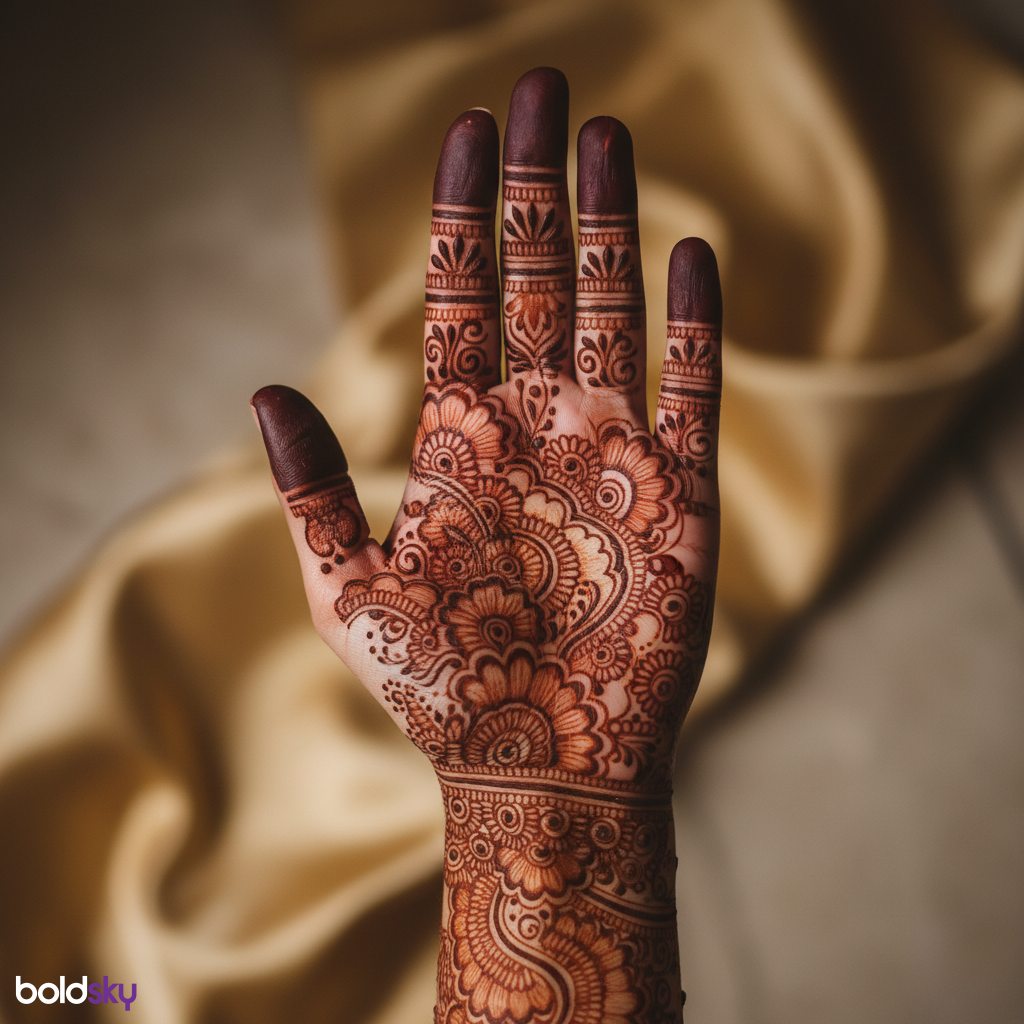Left hand palm bridal mehndi close-up.