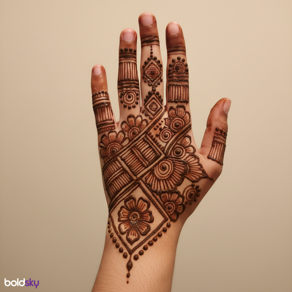 Back of left hand floral mehndi.