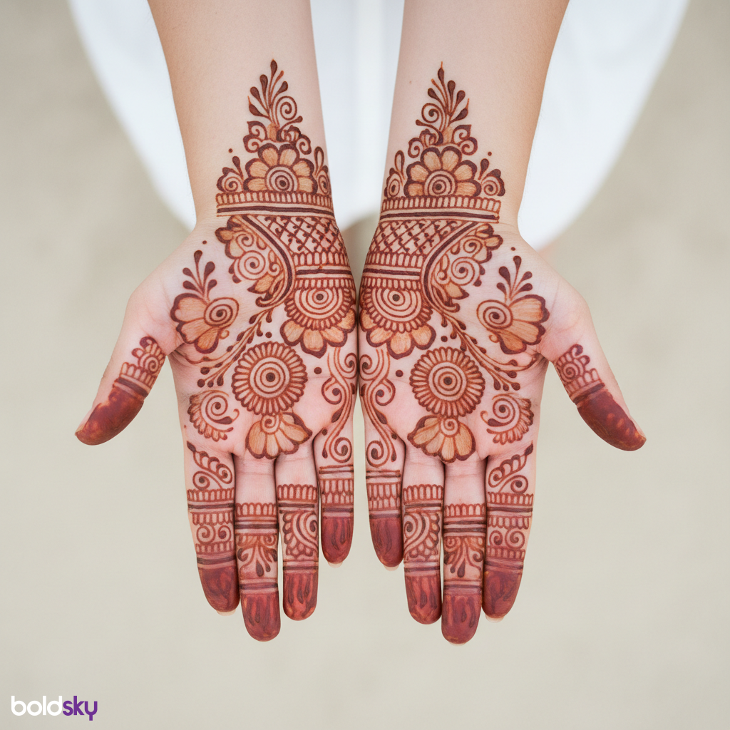 Matching symmetrical mehndi on both palms.