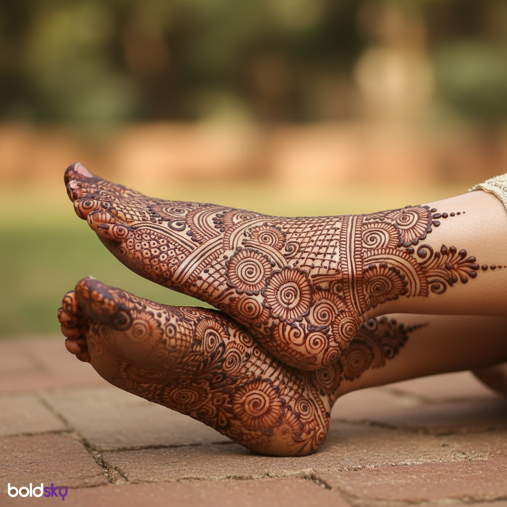 Bridal mehndi on feet and ankles.