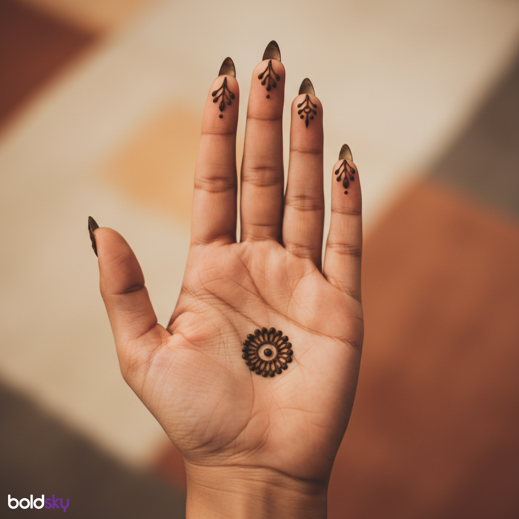 Left palm minimal fingertip dot mehndi