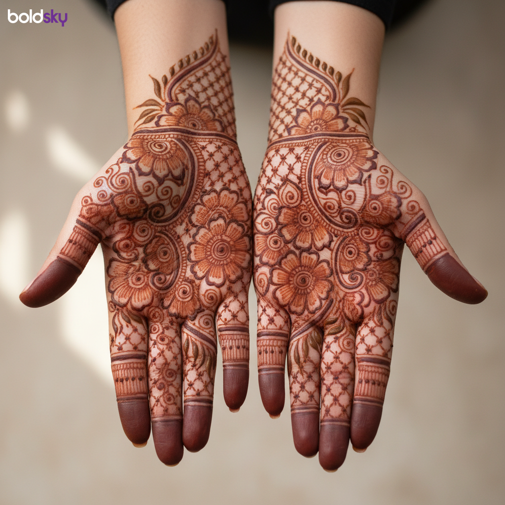 Intricate traditional mehndi on both palms.