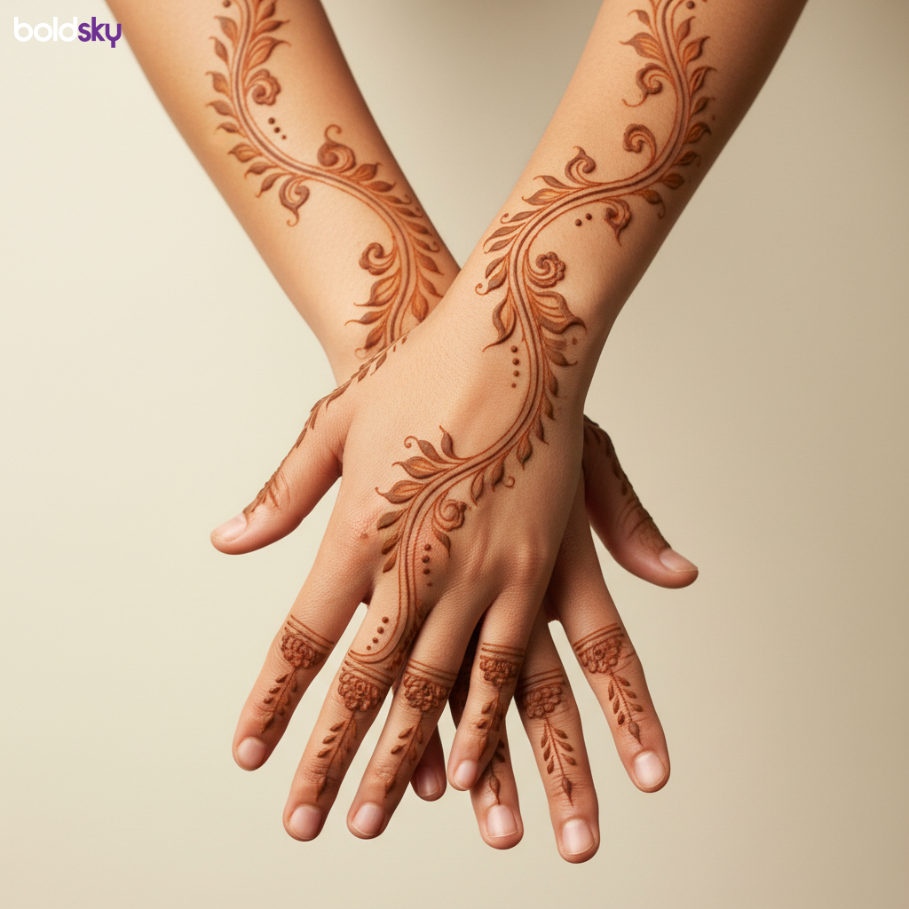 Elegant vine mehndi on back of hands.