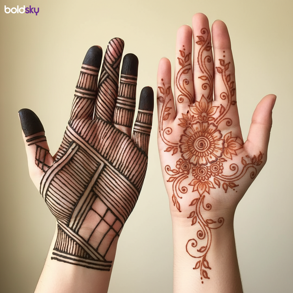Contrasting mehndi on palm hand.
