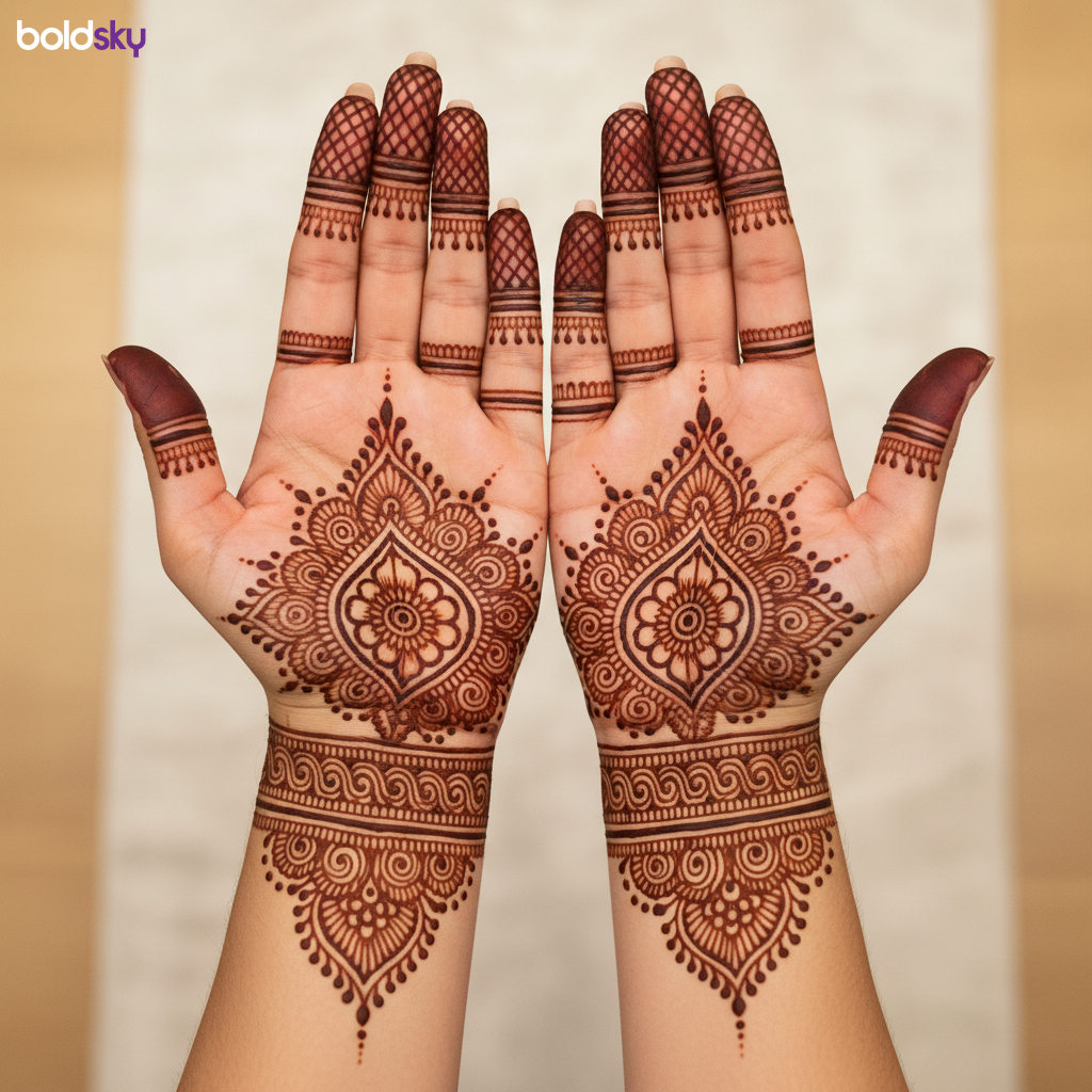 Mehndi focused on fingertips and wrists.