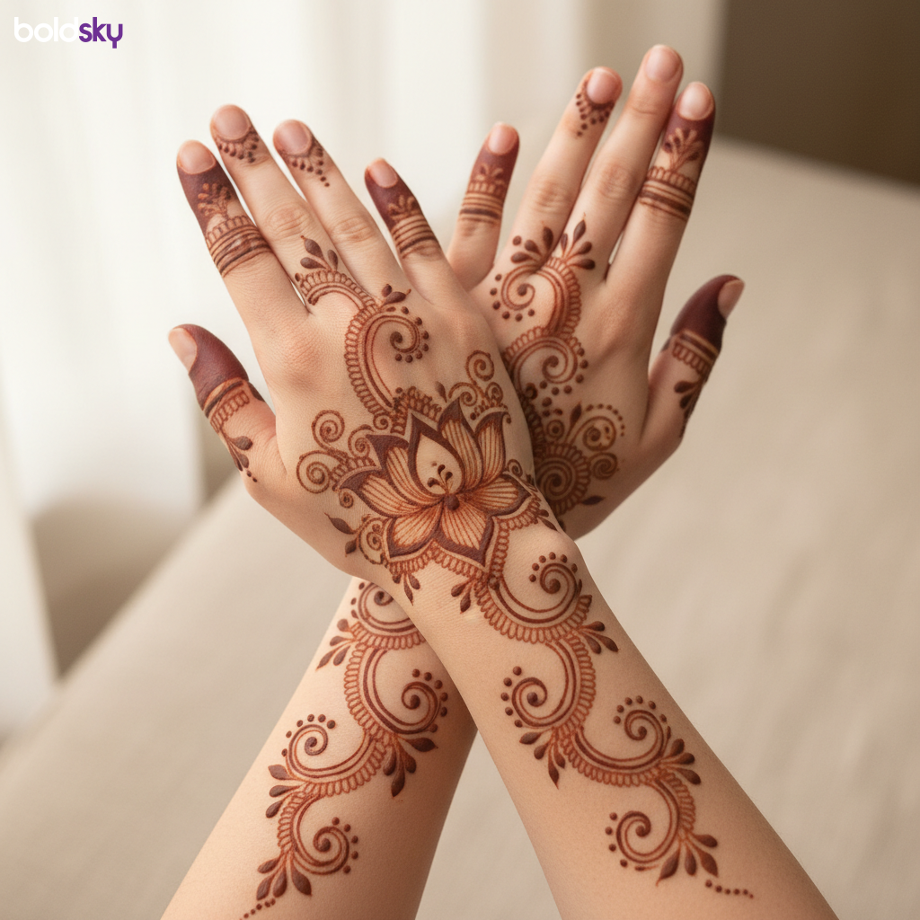 Symmetrical floral mehndi on back hands.
