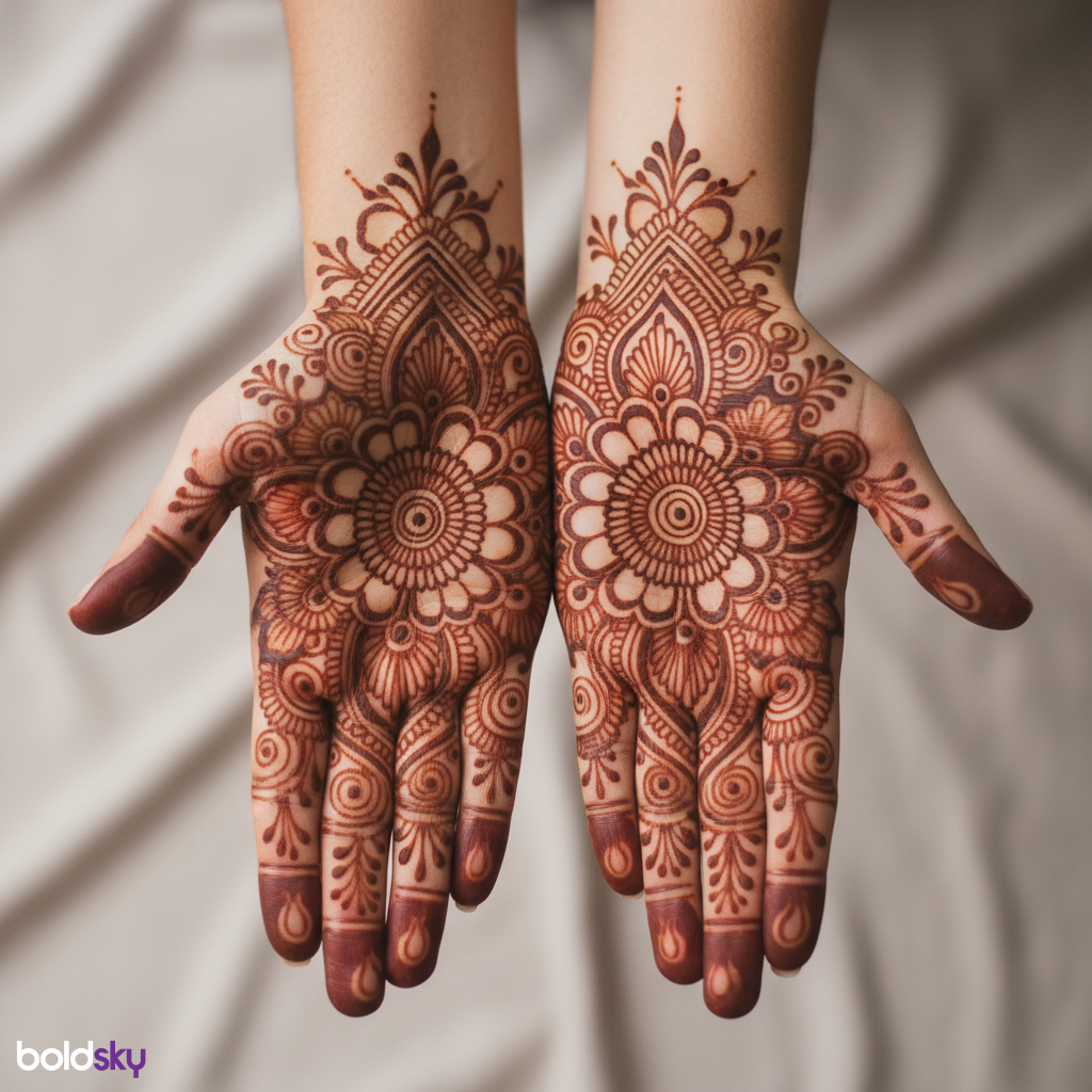 Symmetrical floral mandala mehndi on both palms.