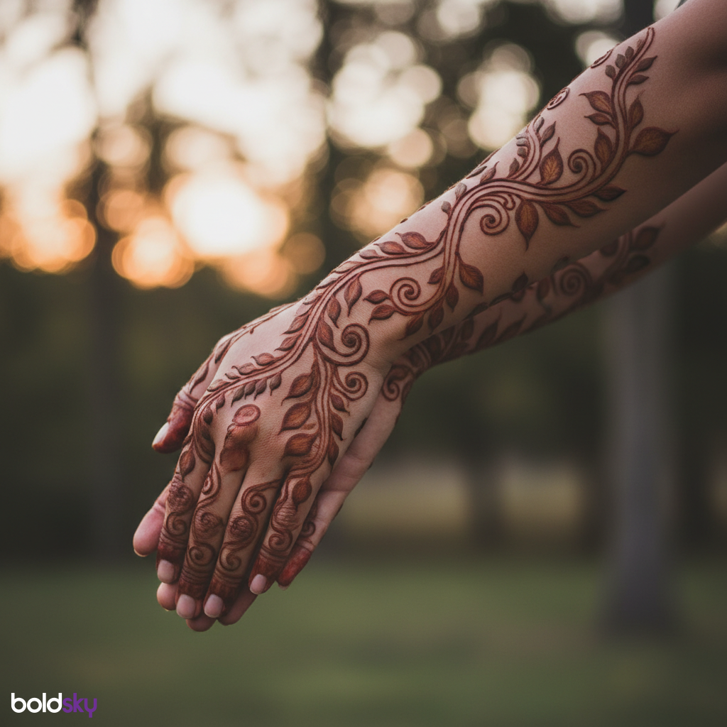 Connecting vine mehndi on both hands.