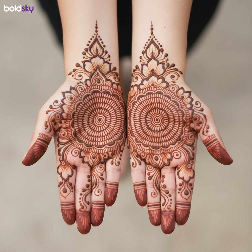 Symmetrical floral mandala mehndi on both palms.