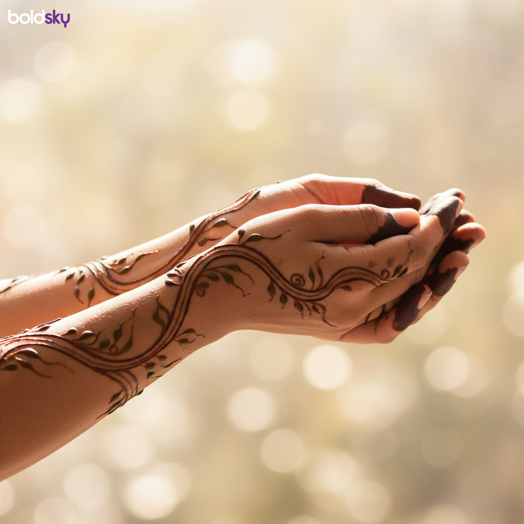 Connecting vine mehndi on both hands.
