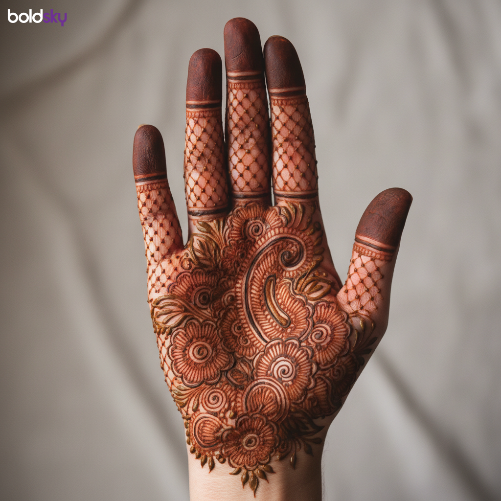 Right palm traditional floral paisley mehndi
