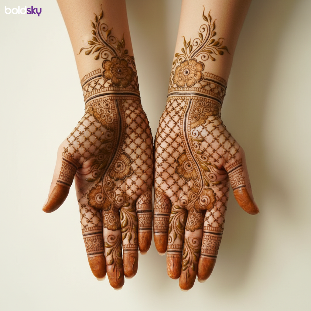 Both palms intricate jaali vine mehndi